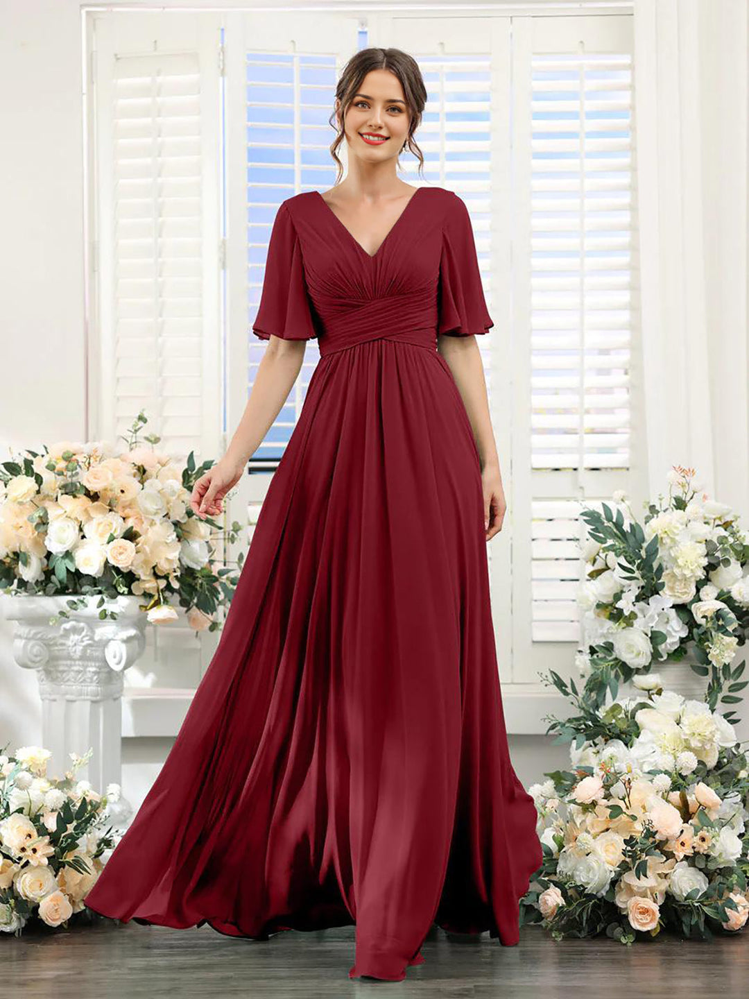 Fließendes V-Ausschnitt Chiffonkleid für Damen