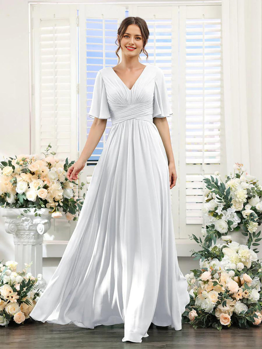 Fließendes V-Ausschnitt Chiffonkleid für Damen
