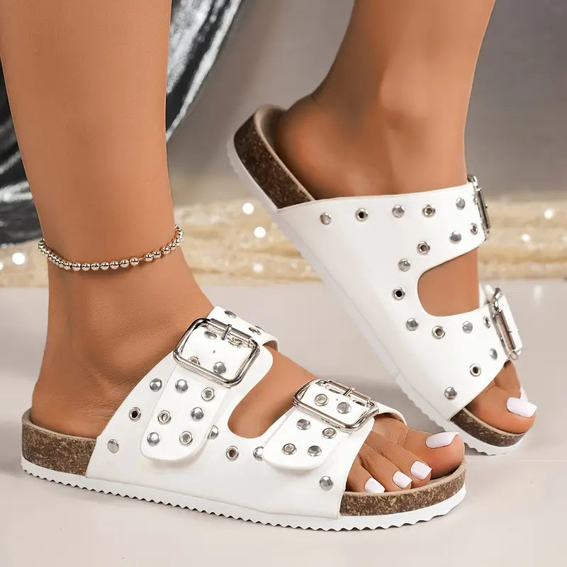 Damen Sandalen mit Doppeltem Riemen und Schnalle