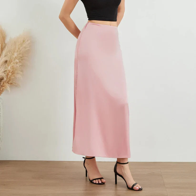 Mode Langer Glänzender Satin Rock