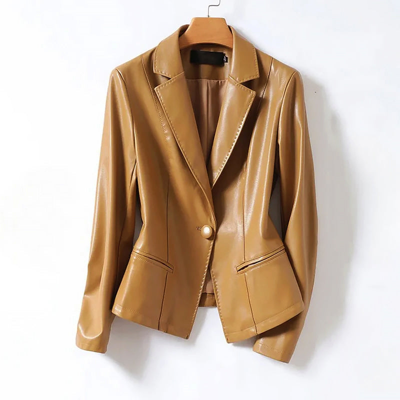Echtes Leder Ein-Knopf Blazer Jacke