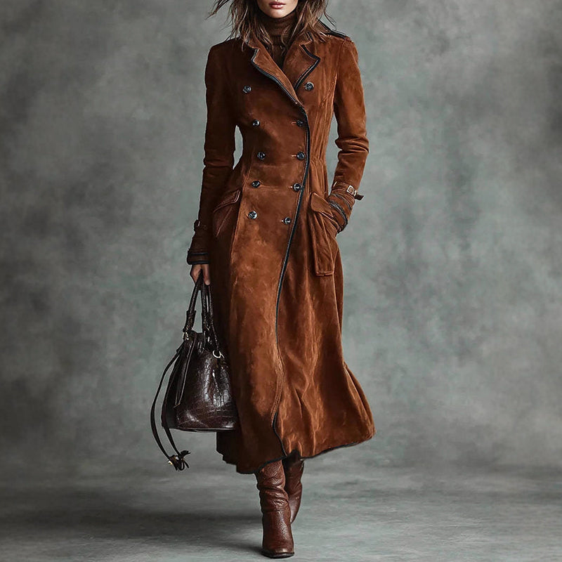 Langer Wildleder-Style Trenchcoat mit Doppelreihigem Design
