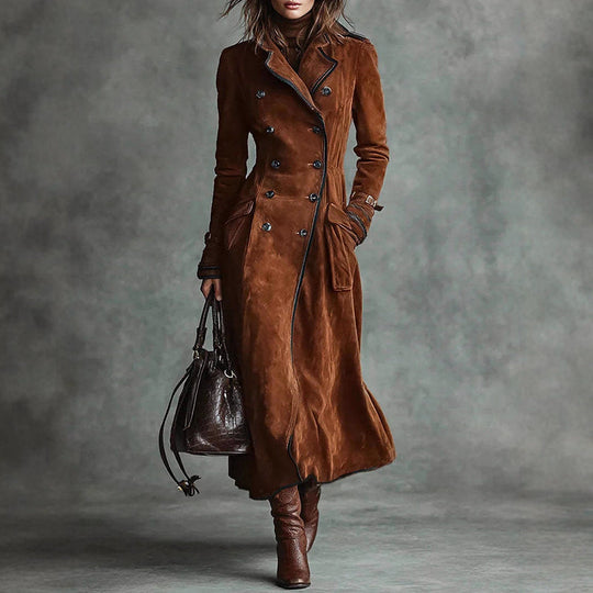 Langer Wildleder-Style Trenchcoat mit Doppelreihigem Design