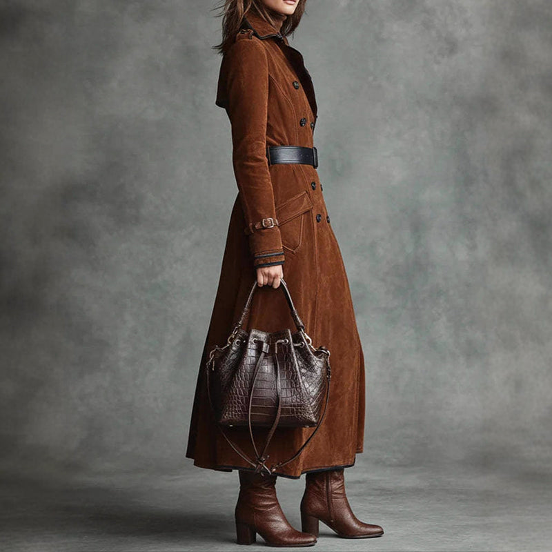 Langer Wildleder-Style Trenchcoat mit Doppelreihigem Design