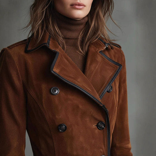 Langer Wildleder-Style Trenchcoat mit Doppelreihigem Design