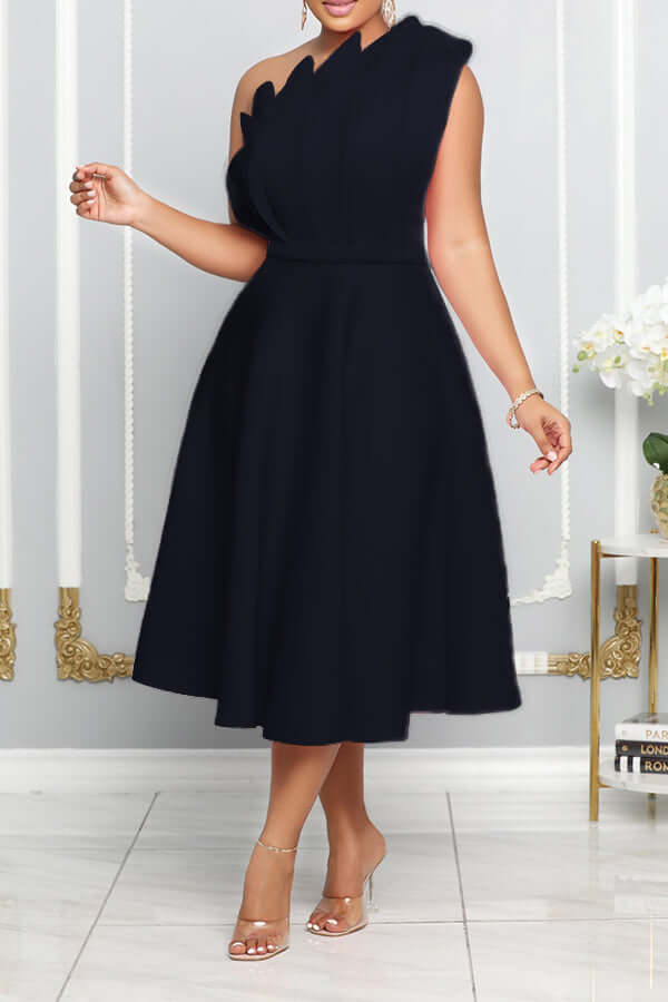 One Shoulder Midi Kleid Elegante A-Linie Passform Skulpturierte Details Festliche Kleidung