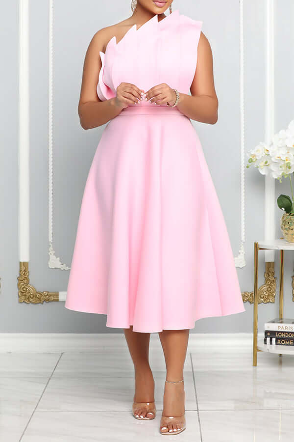 One Shoulder Midi Kleid Elegante A-Linie Passform Skulpturierte Details Festliche Kleidung