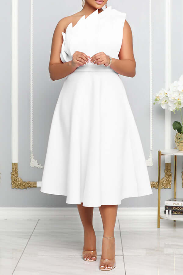 One Shoulder Midi Kleid Elegante A-Linie Passform Skulpturierte Details Festliche Kleidung