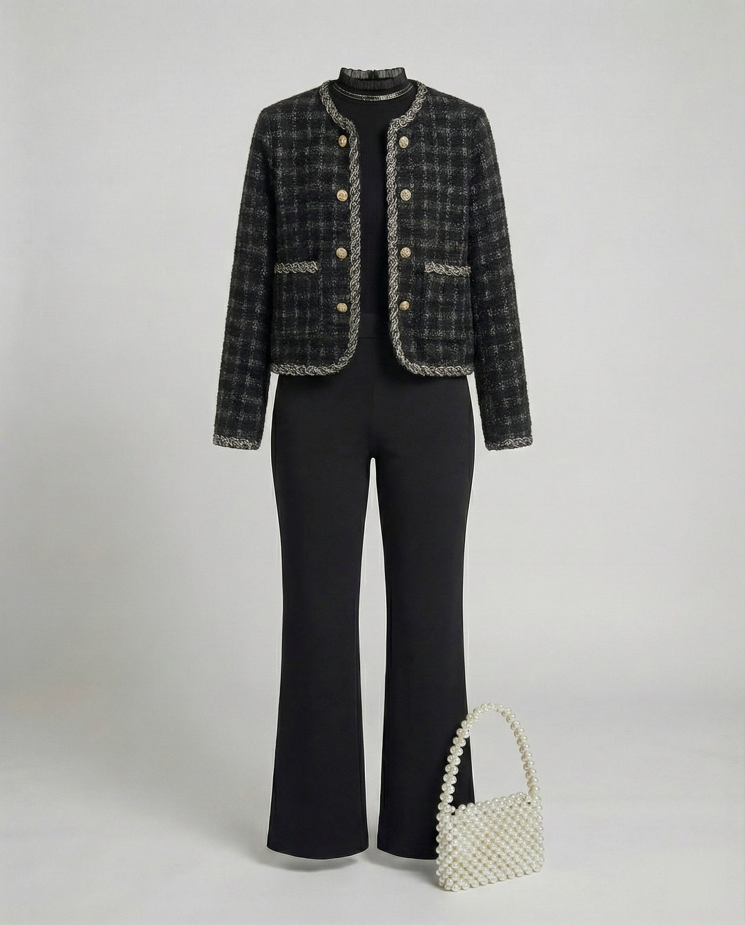 Zweiteiliges Bouclé-Set mit kurzer Strickjacke und Feinstrick-Midirock