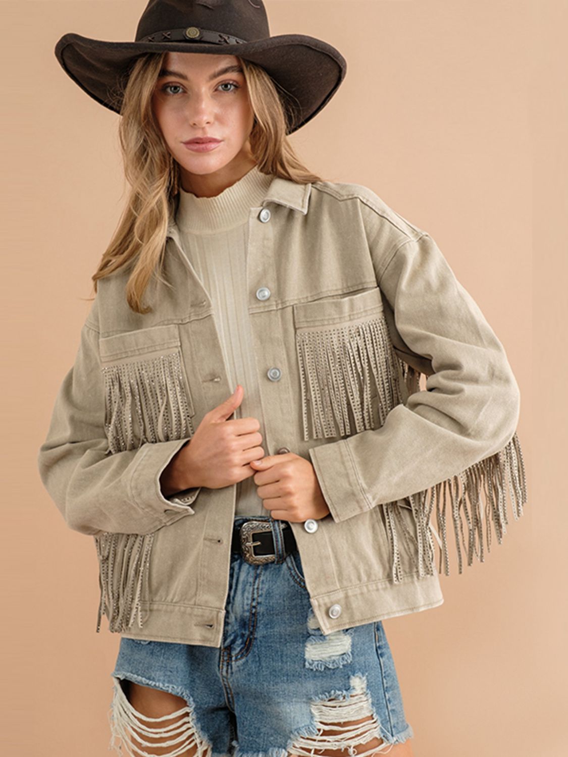 Fransen-Detail Gefallene Schulter Denimjacke