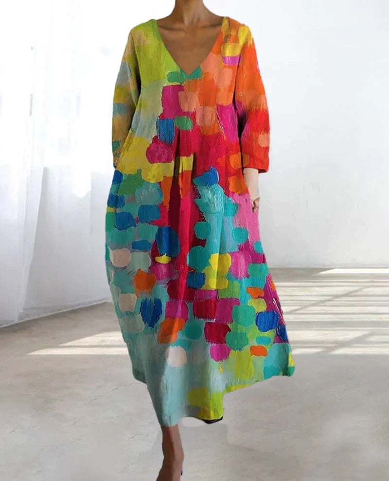Bunt Bedrucktes Kleid Mit V-Ausschnitt