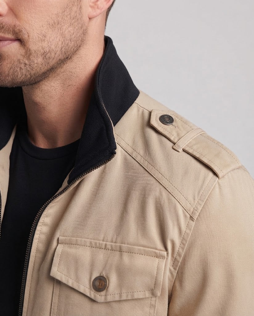 Männer Feldjacke mit Stehkragen, karierter Futter und Schulterklappen Shop Nory