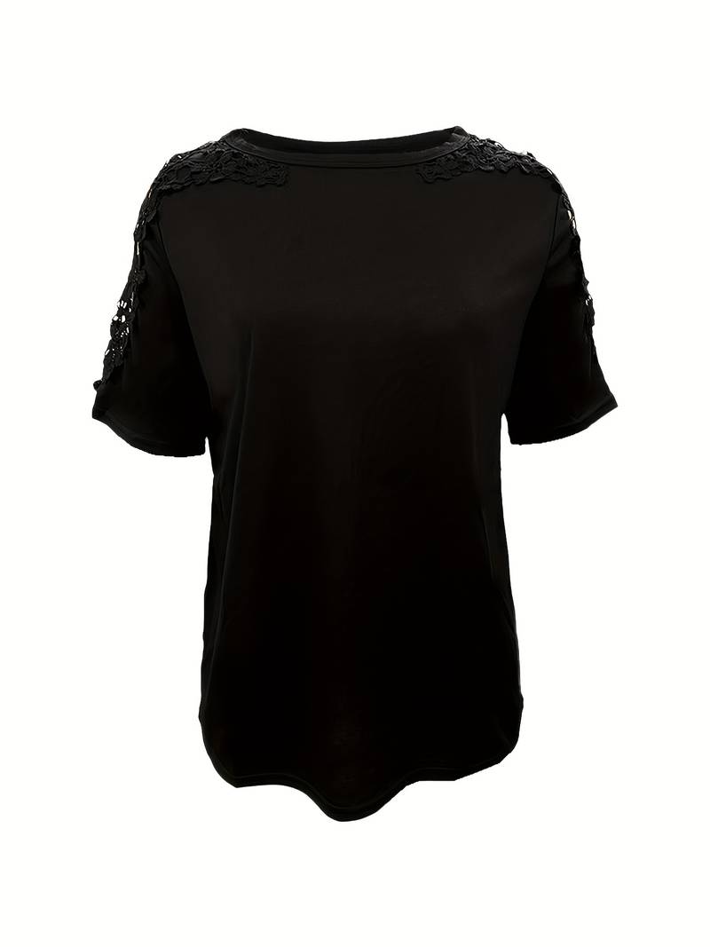 Unifarbenes Rundhals-T-Shirt Mit Spitze Naht