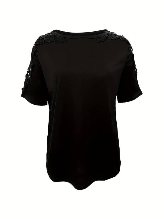 Unifarbenes Rundhals-T-Shirt Mit Spitze Naht