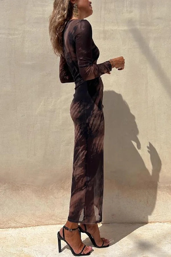 Charm Lady Mesh Overlay Tie Dye Print Langarm Rüsch Stretch Midi Kleid