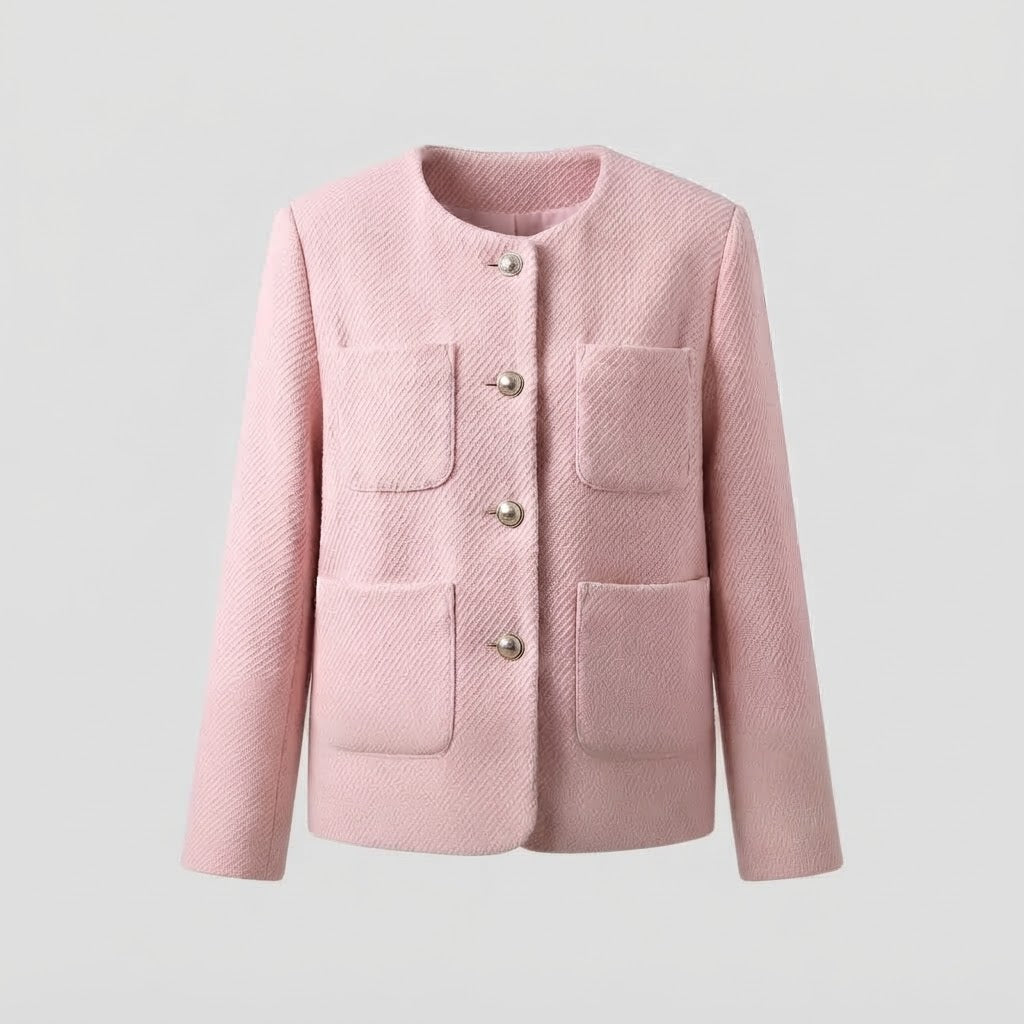 Damen Kurz geschnittene Bouclé-Jacke mit Rundhalsausschnitt, aufgesetzten Taschen und Zierknöpfen Shop Nory