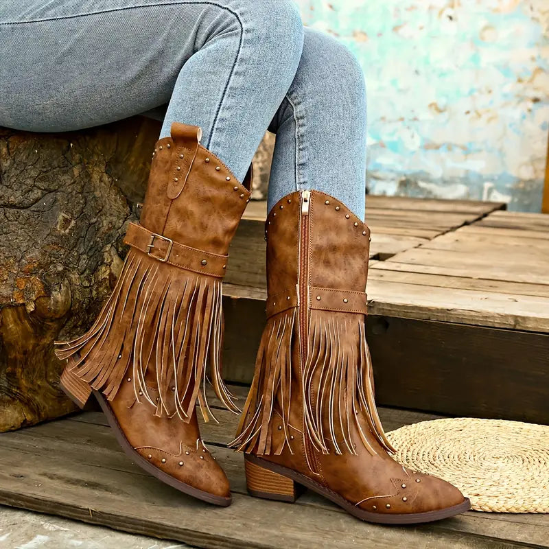 Quasten Bedeckte Damenstiefel mit Blockabsatz