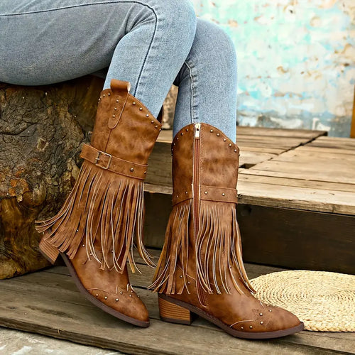 Quasten Bedeckte Damenstiefel mit Blockabsatz