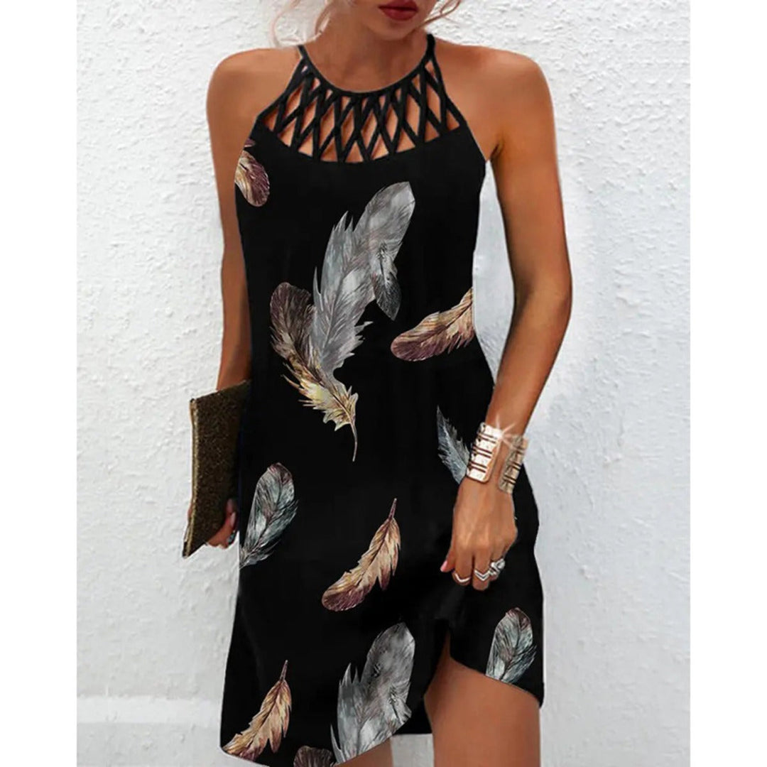 Shopnory | Positionierung Bedrucktes Mesh Strap Ärmelloses Kleid