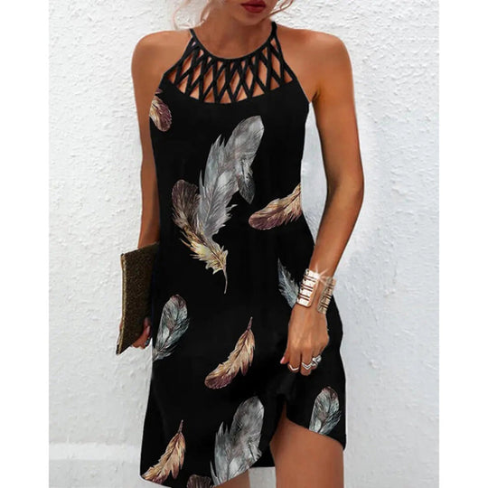 Shopnory | Positionierung Bedrucktes Mesh Strap Ärmelloses Kleid