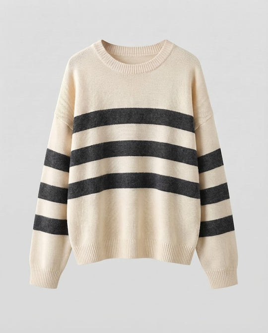 Damen Gestreifter Feinstrickpullover mit Rundhals, überschnittener Schulter und lockerer Silhouette Shop Nory