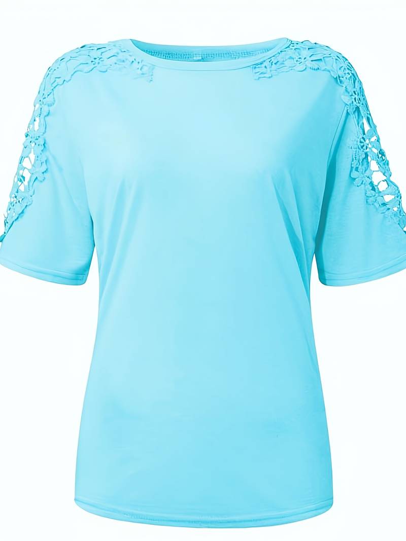 Unifarbenes Rundhals-T-Shirt Mit Spitze Naht