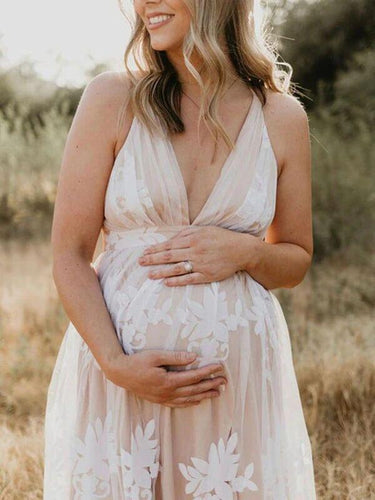 Fashion Fotoshooting-Kleider, Bohemian-Stil, Babyparty, Spitze, Tüll, V-Ausschnitt, Umstandsmode, Weiß, Maxi