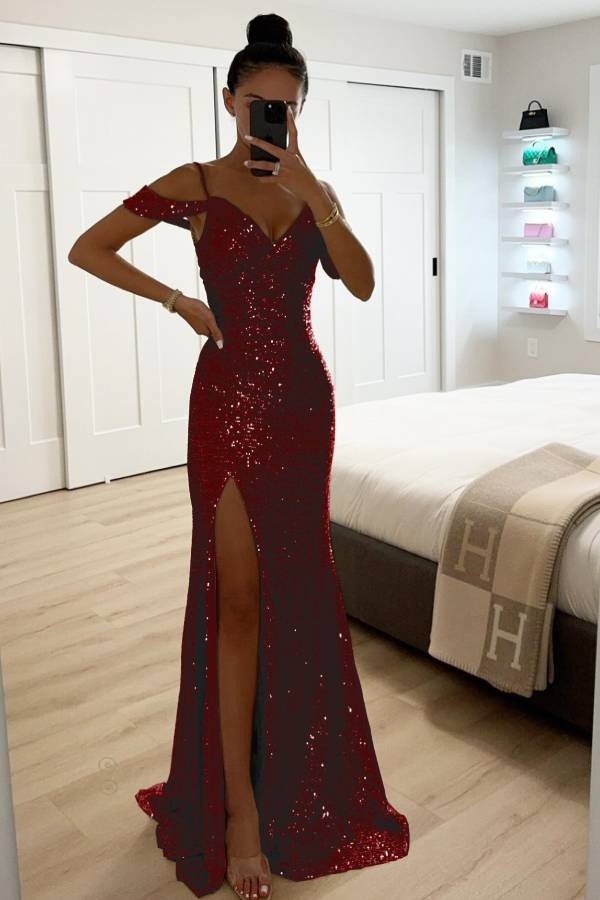 Paillettenspitze Meerjungfrau Abschlussballkleider mit Schlitz Off-Shoulder Abendkleid