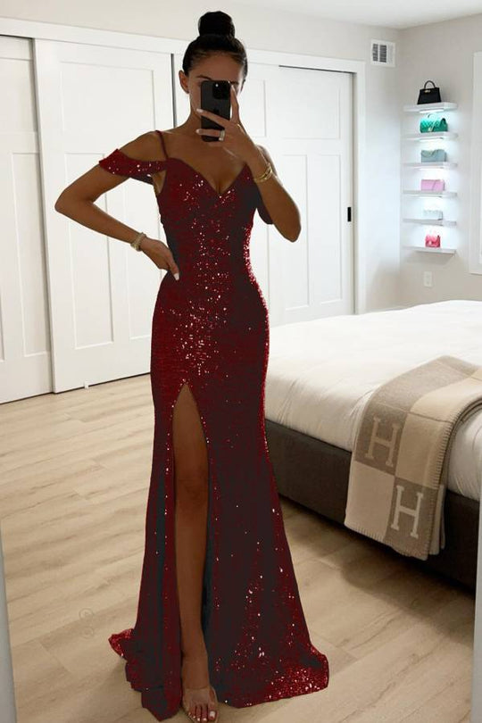 Paillettenspitze Meerjungfrau Abschlussballkleider mit Schlitz Off-Shoulder Abendkleid