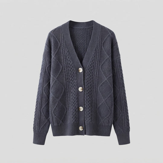 Damen Feiner Wollmix-Cardigan mit Zopfmuster, V‑Ausschnitt und Perlmuttknöpfen Shop Nory