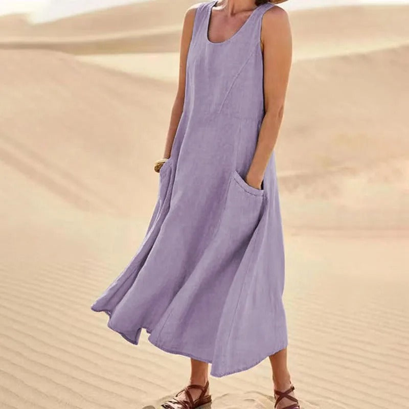 Leinen-Baumwoll-Ärmelloses Kleid für Frauen