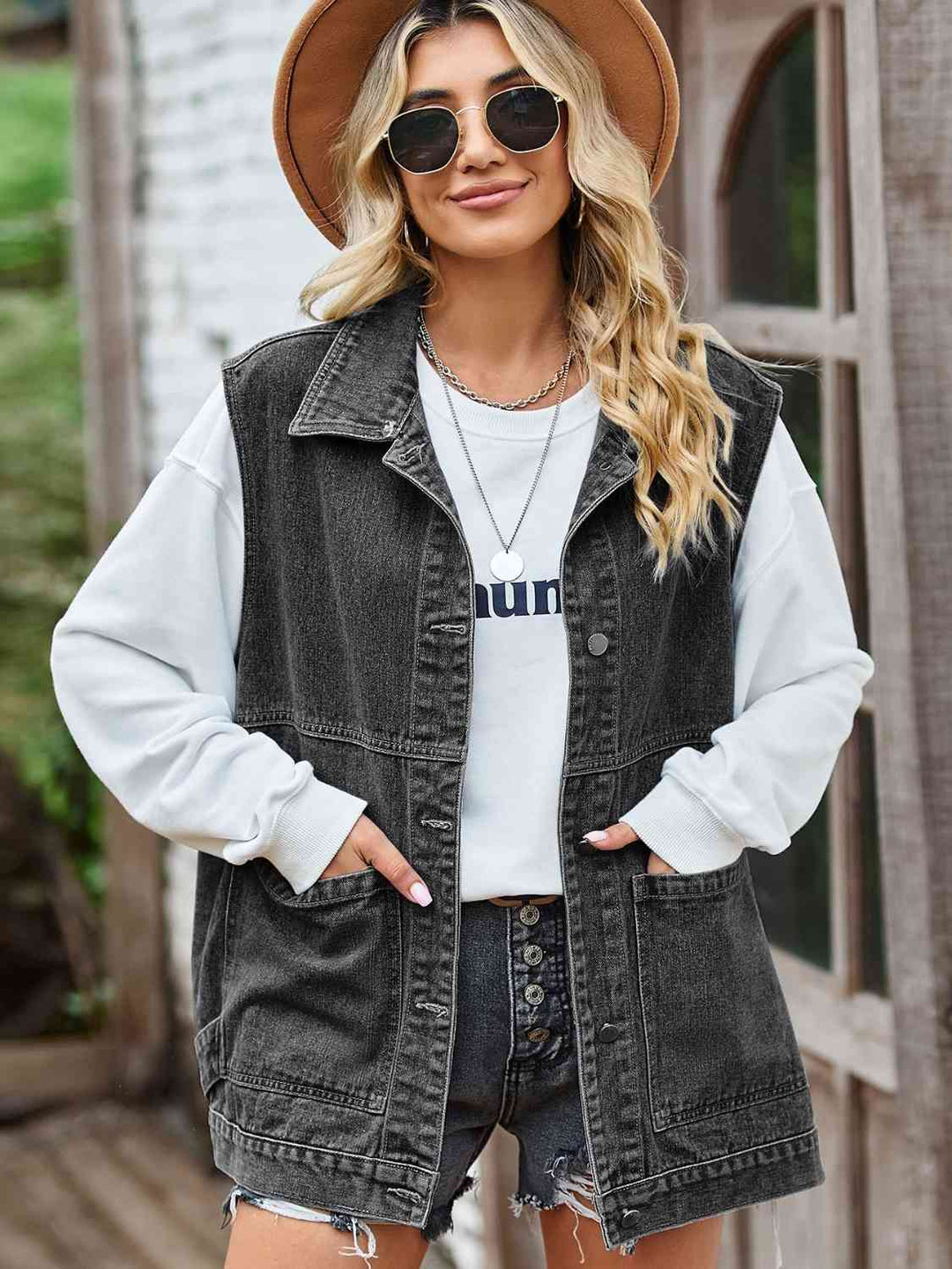 Knopf-Front Ärmellose Jeansjacke