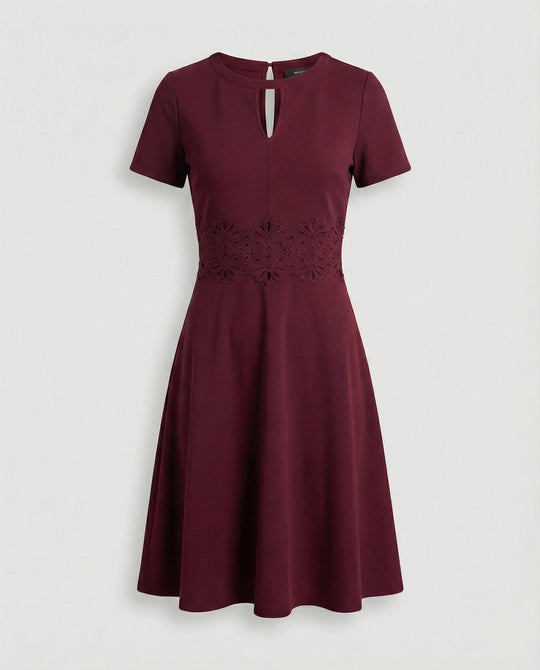 Blaues Kleid mit Kontrastierender Spitze und Akzentuierter Taille