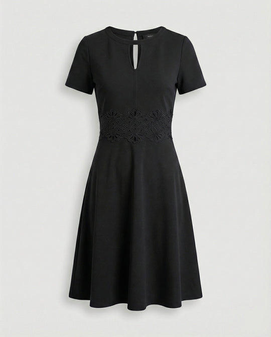 Blaues Kleid mit Kontrastierender Spitze und Akzentuierter Taille
