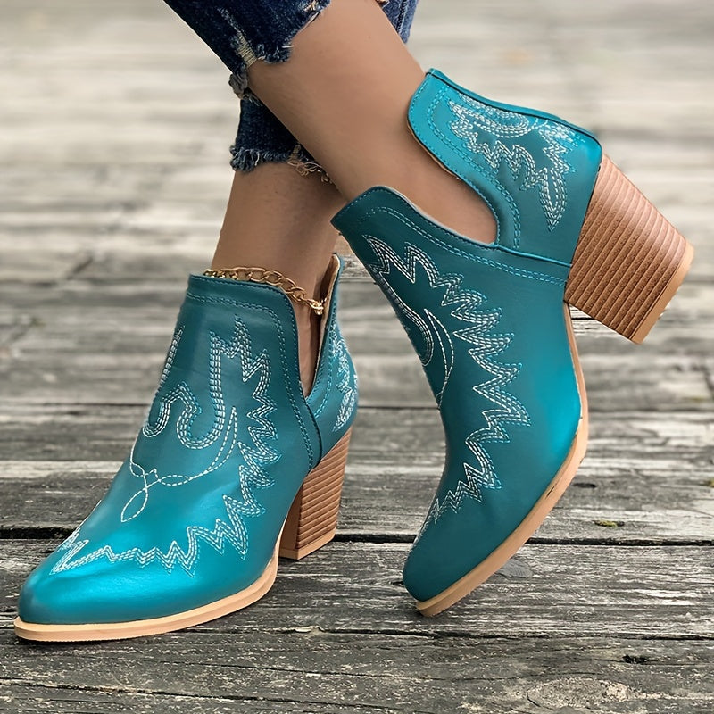 Damen Westernstiefel mit Blockabsatz und Retro-Stickerei