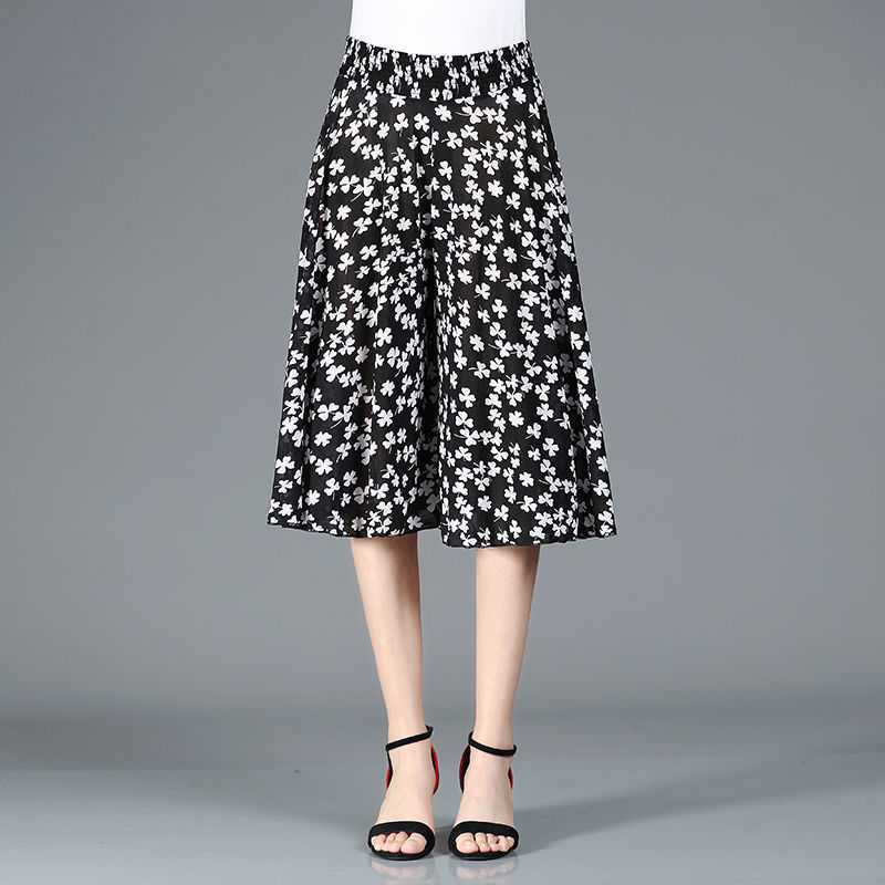 Damen Chiffon Culottes mit Breiten Beinen und Hoher Elastischer Taille