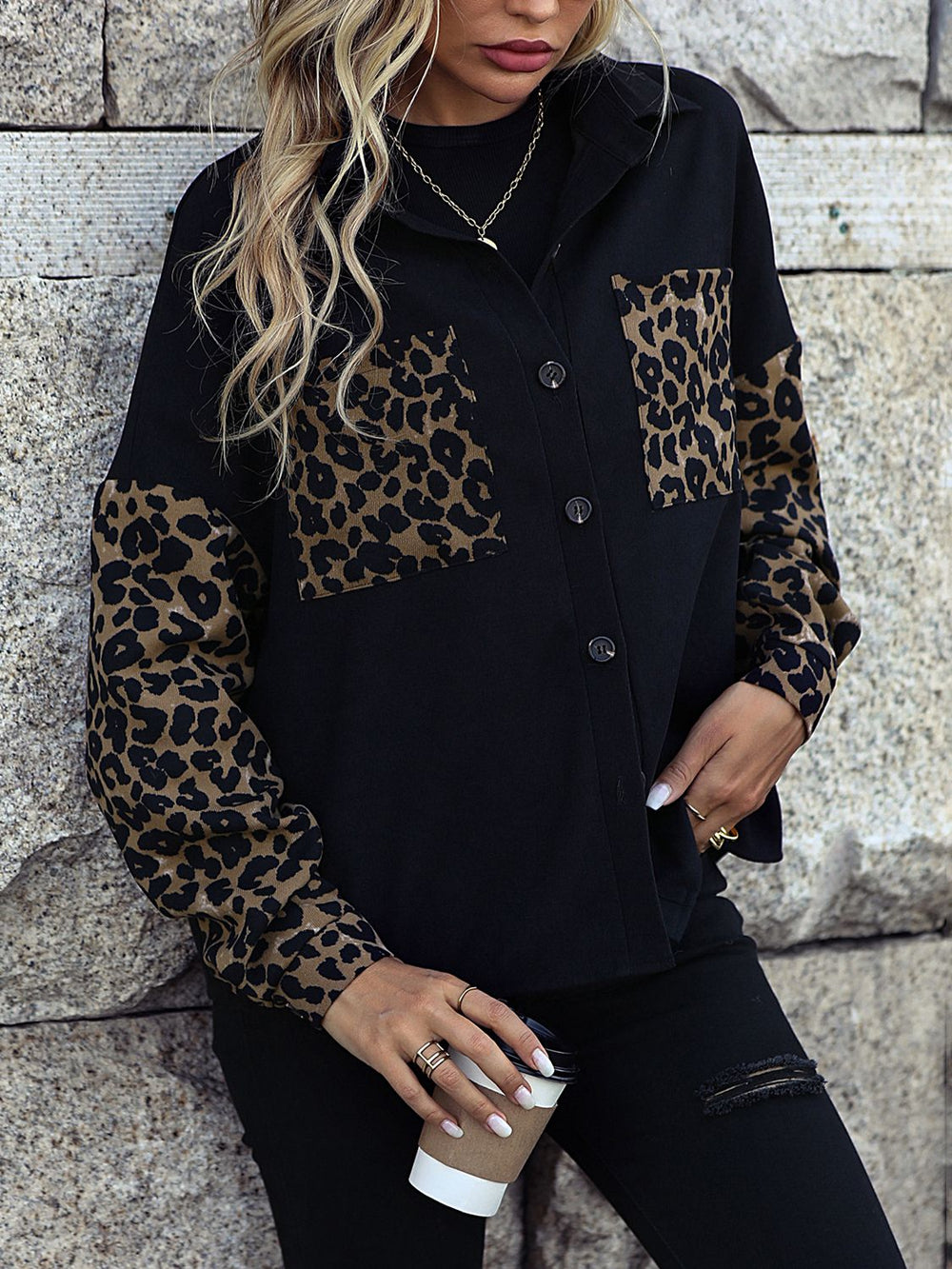 Leopard Print Knopf-abgesetzte Schulterjacke