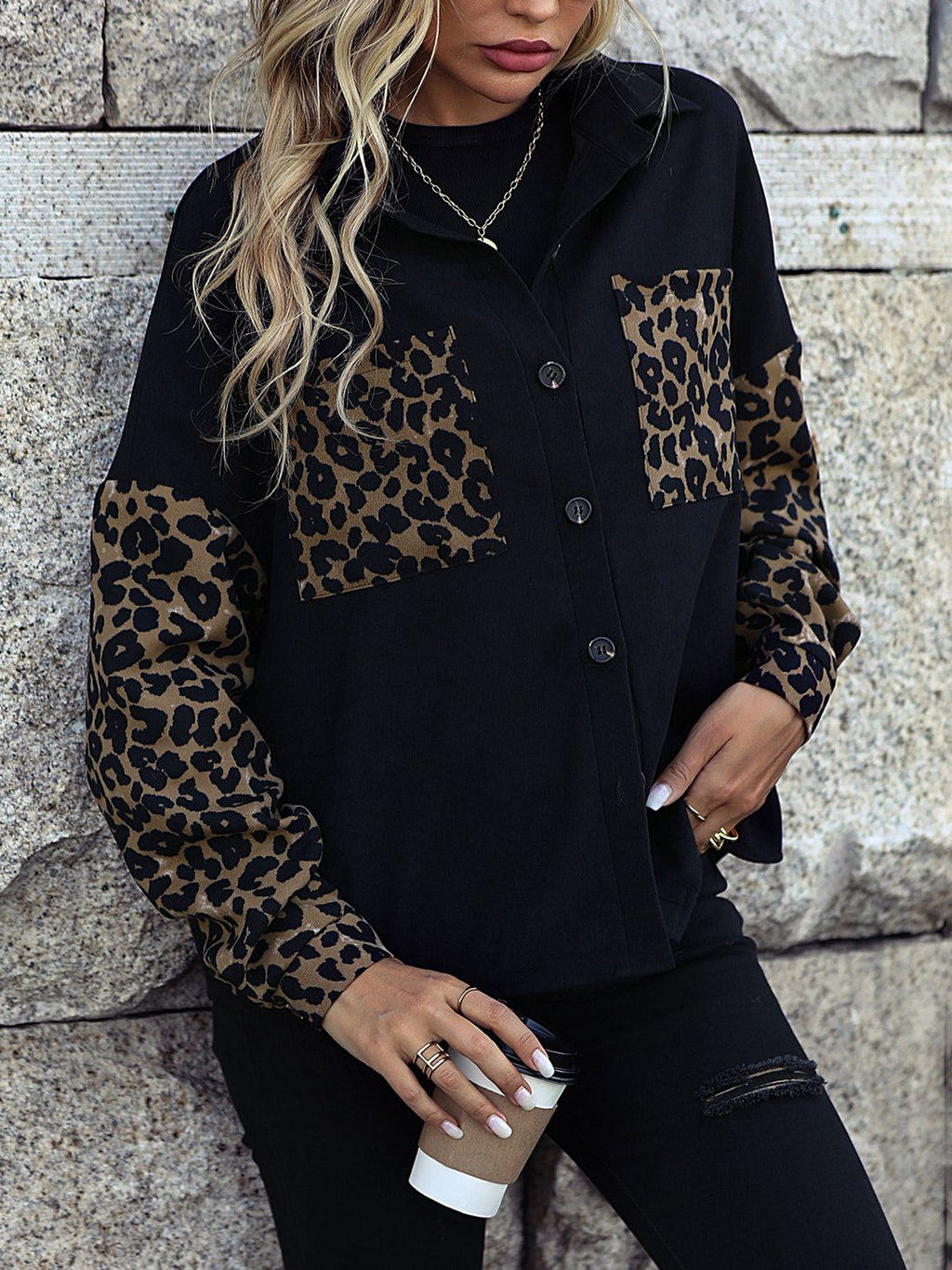 Leopard Print Knopf-abgesetzte Schulterjacke