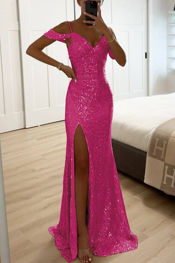 Paillettenspitze Meerjungfrau Abschlussballkleider mit Schlitz Off-Shoulder Abendkleid