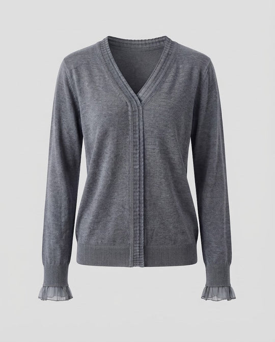 Damen Feiner V‑Ausschnitt-Feinstrickpullover mit plisseeverzierten Kanten und fließender Silhouette Shop Nory