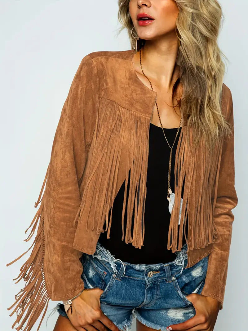 Offene Jacke mit Fransen Saum Im Wildleder Look