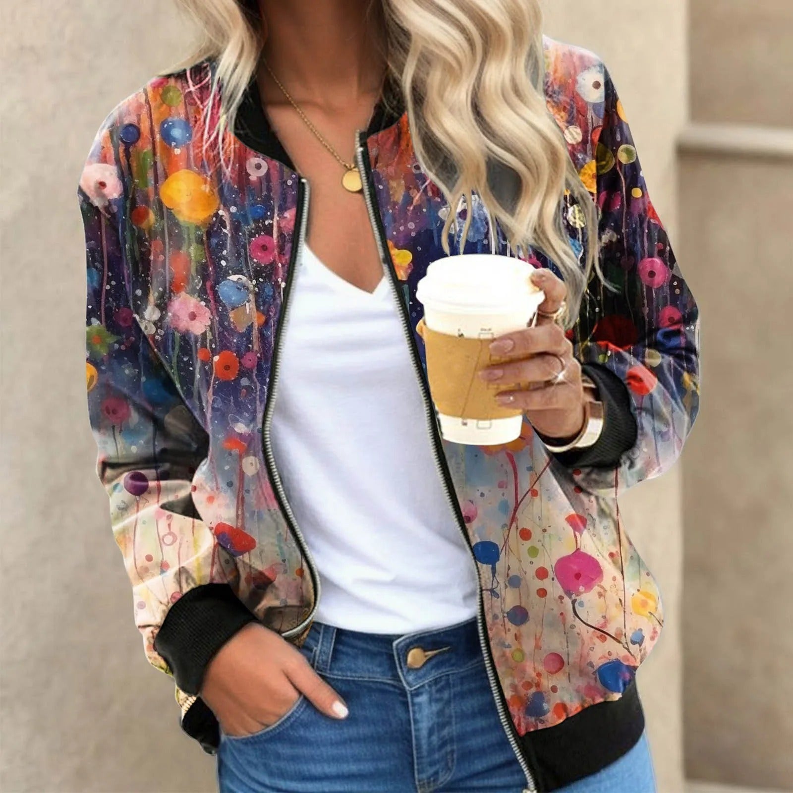Blumengemusterte Bomberjacke mit Federprint Polyester Elegant und Lässig
