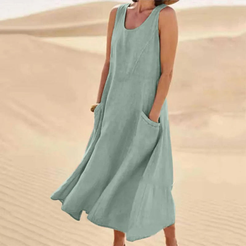Leinen-Baumwoll-Ärmelloses Kleid für Frauen