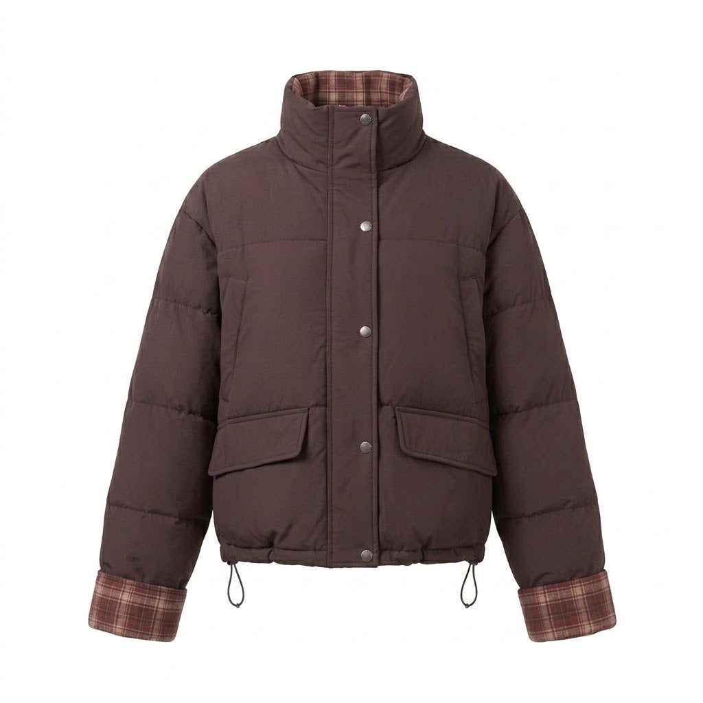 Damen kurze gepolsterte Boxy-Blouson mit kariertem Futter, hohem Kragen und aufgesetzten Klappentaschen
