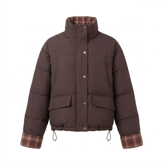 Damen kurze gepolsterte Boxy-Blouson mit kariertem Futter, hohem Kragen und aufgesetzten Klappentaschen