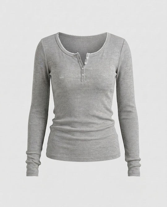 Damen Figurnahes Geripptes Langarm-Henleyshirt mit Zierknopfleiste und Zackenrand Shop Nory