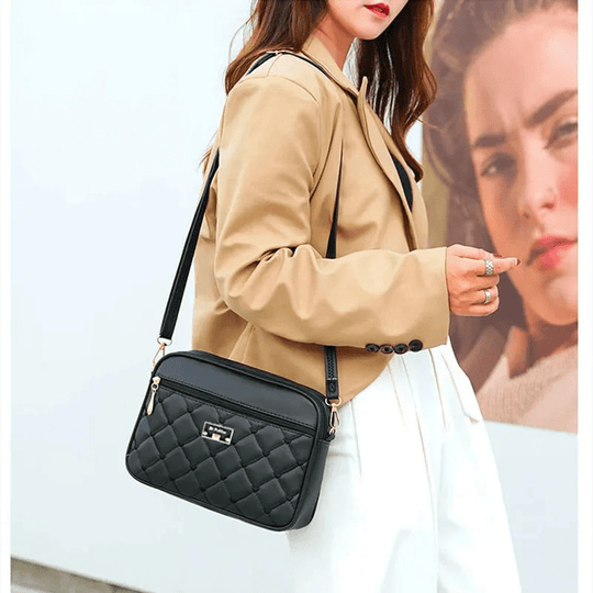 Damen Schultertasche mit Diamantmuster und Reißverschluss