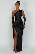 Damen-Maxikleid aus Satin mit einer Schulter und Plissee