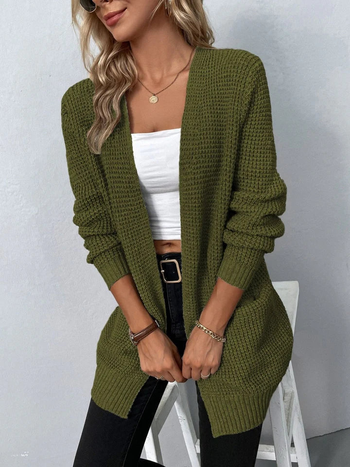 Shopnory | Strickjacke Lockerer Schnitt Grobstrick V-Ausschnitt Oberschenkellang mit Taschen