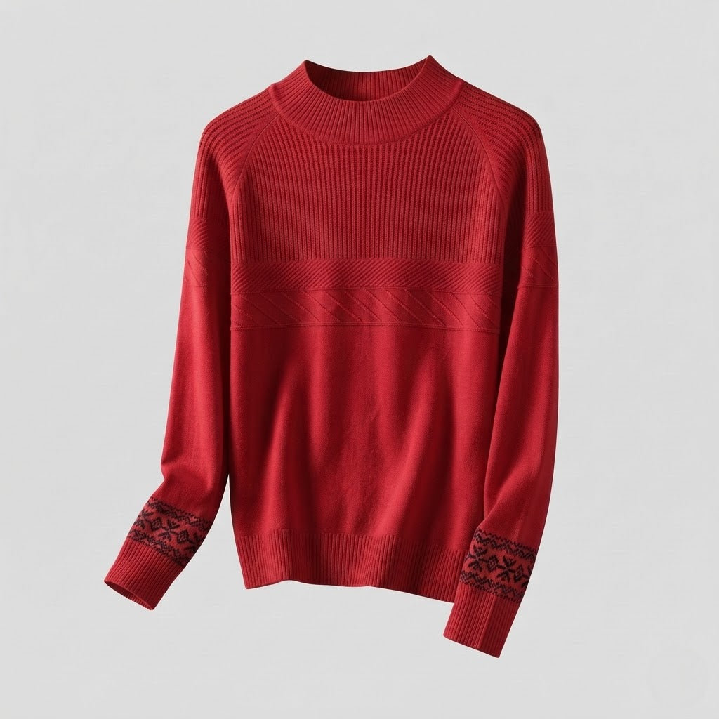 Damen Feinstrick-Pullover mit kurzem Stehkragen, strukturierter Passe und Norweger-Motiv am Ärmelsaum Shop Nory